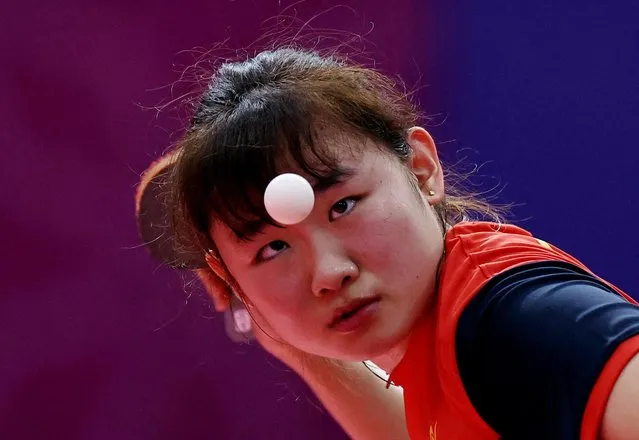 Malaysia's Chang Alice Li San in action during the women's team table tennis final at the Southeast Asian Games in Phnom Penh, Cambodia on May 11, 2023. (Photo by Chalinee Thirasupa/Reuters)