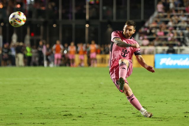 Inter Miami's Argentine forward #10 Lionel Messi kicks the ball during the Major League Soccer (MLS) football match between Inter Miami and New England Revolution at Chase Stadium in Fort Lauderdale, Florida, October 19, 2024. (Photo by Chris Arjoon/AFP Photo)