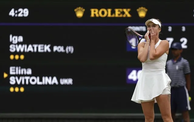 Elina Svitolina of Ukraine celebrates winning a point during her victory over Iga Swiatek of Poland during day nine of The Championships Wimbledon 2023 at All England Lawn Tennis and Croquet Club on July 11, 2023 in London, England. (Photo by Andrew Couldridge/Reuters)