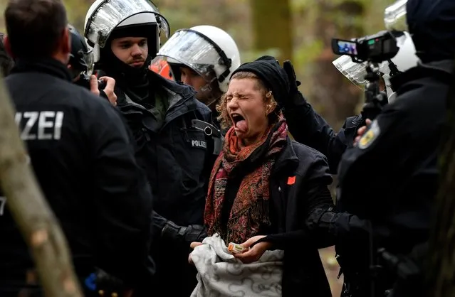 Police arresting an activist during a searching and clearing operation at an environmental activists camp in the forest Hambacher Forst in Morschenich near Kerpen, Germany, 24 September 2018. Protesters from forest protection initiatives are trying to prevent the controversial forest clearing in the Rhenish coal mining area Hambacher Forst, after German electric utilities company RWE revealed its plans to extend a nearby surface lignite mine (Tagebau). (Photo by Sascha Steinbach/EPA/EFE)