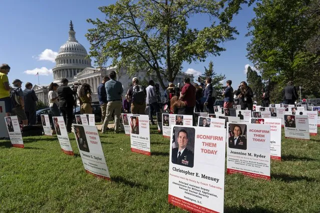 A display is seen on the Capitol grounds showing the members of the military whose promotions are being held up by Sen. Tommy Tuberville, R-Ala., in Washington, Tuesday, September 19, 2023. (Photo by J. Scott Applewhite/AP Photo)