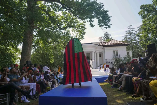 The latest fashion from Pyer Moss is modeled Saturday July 10, 2021, in Irvington, N.Y., and staged at the Villa Lewaro mansion, the home built by African American entrepreneur Madam C.J. Walker in 1917. (Photo by Bebeto Matthews/AP Photo)