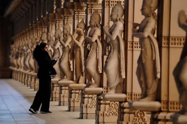 A woman with a mobile phone gazes at pink sandstone statues during celebrations for Diwali, the Hindu festival of lights, at Akshardham Mahamandir temple in Robbinsville, New Jersey, U.S., November 12, 2023. (Photo by Bing Guan/Reuters)
