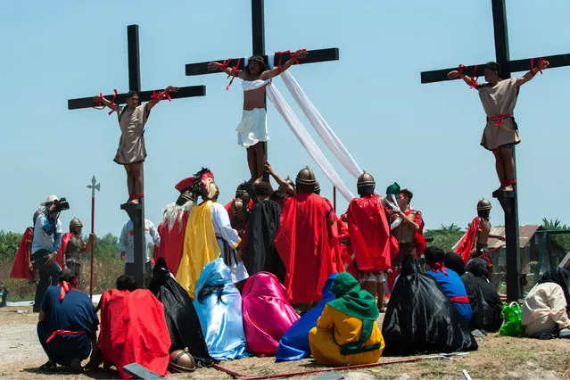 A Catholic devotee nailed to a cross is hoisted by participants during a reenactment of the crucifixion of Christ on Good Friday on April 3, 2015 in San Pedro Cutud village in Pampanga province, Philippines. The annual crucifixion rites in small villages in Pampanga province draws huge crowds of people to normally sleepy towns in northern Philippines. (Photo by Dondi Tawatao/Getty Images)