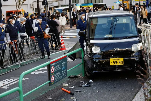 A view of the scene after a car crashed into a barricade near the Israeli embassy in Tokyo, Japan on November 16, 2023. (Photo by Kim Kyung-Hoon/Reuters)