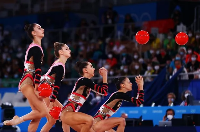 Team Italy competes in the group all-around final of the Rhythmic Gymnastics event during Tokyo 2020 Olympic Games at Ariake Gymnastics centre in Tokyo, on August 8, 2021.. (Photo by Lindsey Wasson/Reuters)