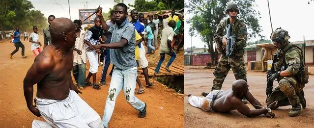 A Christian man chases a suspected Seleka officer in civilian clothes with a knife near the airport in  Bangui, Central African Republic, on December 9, 2013. Both Christian and Muslim mobs went on lynching sprees as French Forces deployed in the capital. The Seleka man was taken into custody by French forces who fired warning shots to disperse the crowds. (Photo by Jerome Delay/Associated Press)