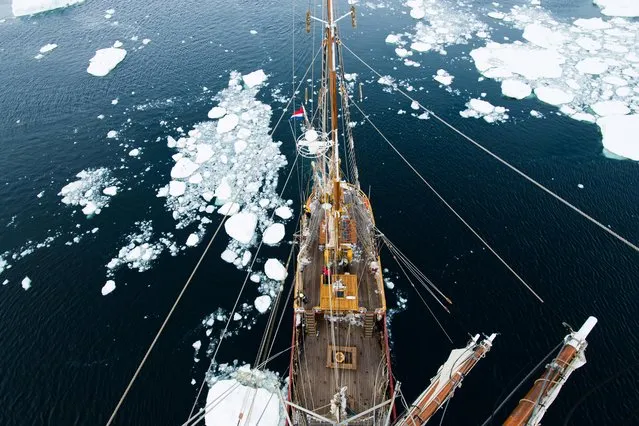 The view from the top of the Bark Europa's rigging, on March 09, 2015 in the Atlantic Ocean. (Photo by Andrew Orr/Barcroft Images)