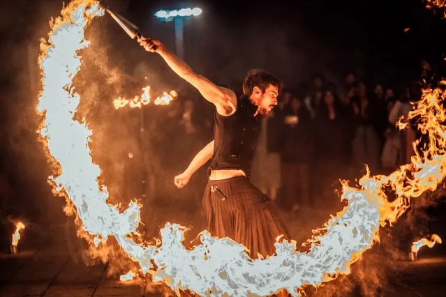 Burning Circus perform their fireshow as part of Diwali celebrations around the University of Limerick in Ireland in the second decade of November 2023. (Photo by Brian Arthur Photo)