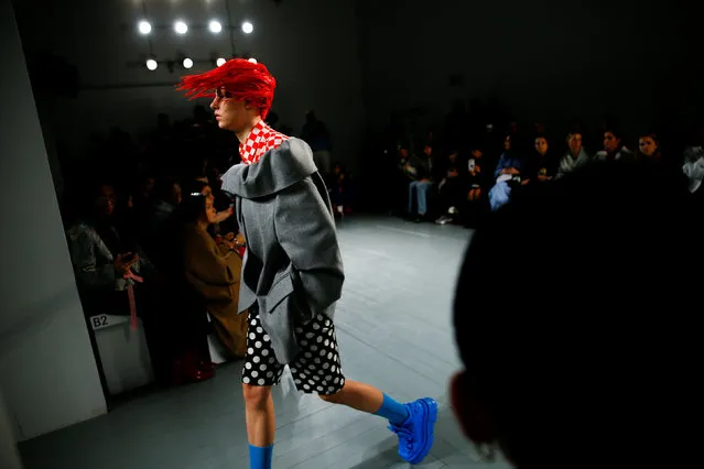 A model presents a creation during the pushBUTTON catwalk show at London Fashion Week Women's A/W19 in London, Britain February 19,  2019. (Photo by Henry Nicholls/Reuters)