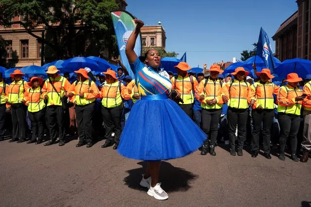A supporter of South Africa's biggest opposition party, the Democratic Alliance, reacts ahead of their march to the Union Buildings as part of the political party's manifesto launch in Pretoria, South Africa on February 17, 2024. (Photo by Ihsaan Haffejee/Reuters)
