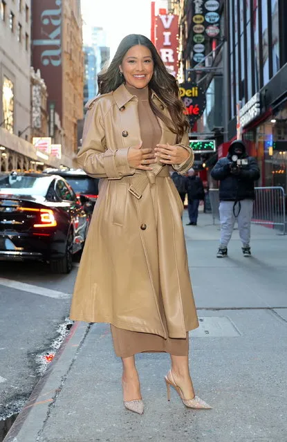 American actress Gina Rodriguez pictured arriving to the “Good Morning America” show in Times Square, Manhattan on February 19, 2024. (Photo by Jose Perez/Splash News and Pictures)
