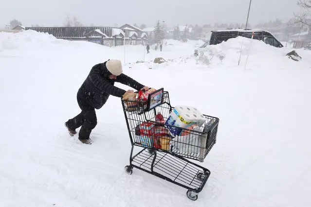 A customer pushes their grocery cart through the snow to their car as a blizzard hits Mammoth Lakes, California, on March 2, 2024. (Photo by David Swanson/AFP Photo)