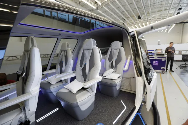 This Tuesday, May 28, 2019, photo shows the interior of The Skai vehicle, developed by Alaka'i Technologies in Newbury Park, Calif. A transportation company on Wednesday will unveil a 5-person flying vehicle powered by hydrogen fuel cells. (Photo by Marcio Jose Sanchez/AP Photo)