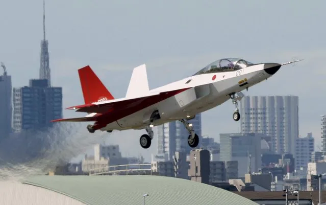 A prototype of the first Japan-made stealth fighter X-2 Shinshin, formerly called ATD-X, takes off to mark its maiden flight at Nagoya Airfield, also known as Komaki Airport, in Toyoyama town, Aichi prefecture, central Japan, in this photo taken by Kyodo April 22, 2016. (Photo by Reuters/Kyodo News)