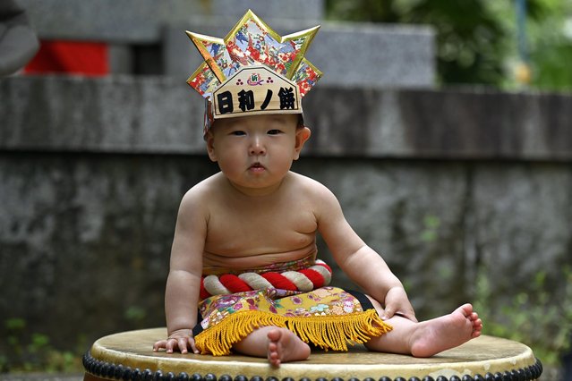 A baby poses for the photo during the Nakizumou event at Yukigaya Hachiman Shrine on April 29, 2024, in Tokyo, Japan. Nakizumou (Crying sumo) is a 400 years traditional Japanese event to pray for the health and growth of babies, and which is originating from the legend that a baby's cry wards off evil. (Photo by David Mareuil/Anadolu via Getty Images)