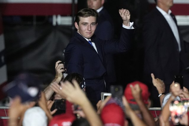 Barron Trump gestures after his father Republican presidential candidate former President Donald Trump introduced him during a campaign rally at Trump National Doral Miami, Tuesday, July 9, 2024, in Doral, Fla. (Photo by Marta Lavandier/AP Photo)