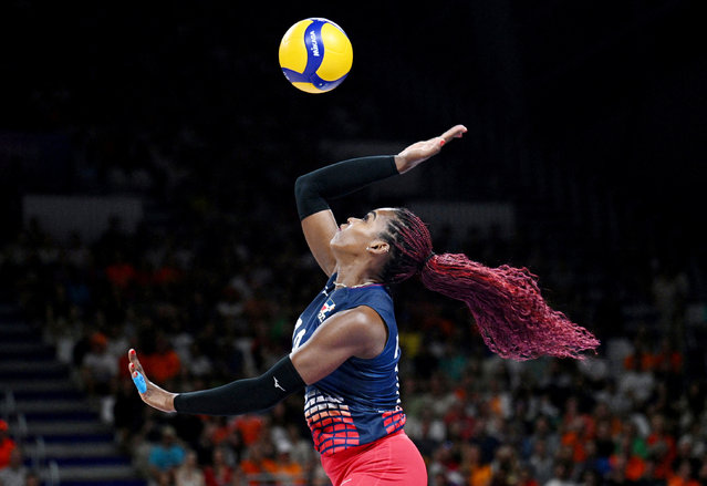 Bethania De La Cruz De Pena of the Dominican Republic in action during Netherlands vs Dominican Republic volleyball in women's preliminary round Pool C on August 3, 2024. (Photo by Annegret Hilse/Reuters)