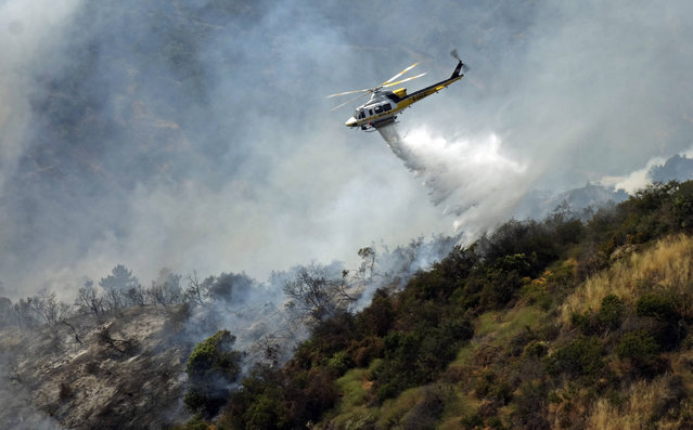 A helicopter makes a water drop on a hillside after a wildfire broke out in the Brentwood area of Los Angeles, Sunday, May 28, 2017. A dark plume of smoke was visible for miles as the fire consumed moderate to thick brush near Mandeville Canyon Road, a dead end road that snakes up a deep canyon lined by expensive view homes. A few residents voluntarily left but no homes were damaged. (Photo by Brian Melley/AP Photo)