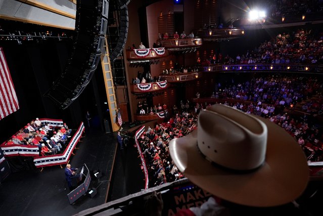 Republican presidential nominee former President Donald Trump speaks at a campaign event at the Cobb Energy Performing Arts Centre, Tuesday, October 15, 2024, in Atlanta. (Photo by Alex Brandon/AP Photo)