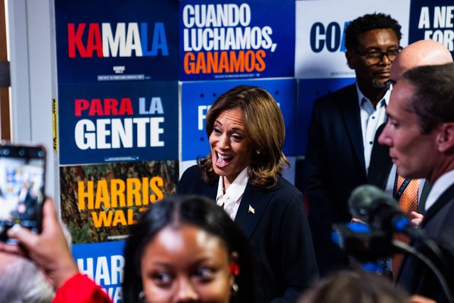 Democratic presidential candidate Vice President Kamala  Harris during a phone banking at the DNC Headquarters in Washington, DC on Tuesday, November 5, 2024. (Photo by Demetrius Freeman/The Washington Post)