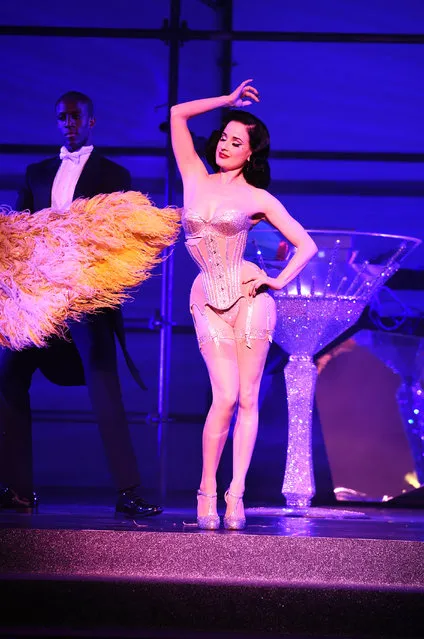 Dita Von Teese performs on stage at the Philipp Plein fashion show during New York Fashion Week: The Shows at Hammerstein Ballroom on September 9, 2017 in New York City.  Photo by Dimitrios Kambouris/Getty Images For NYFW: The Shows)