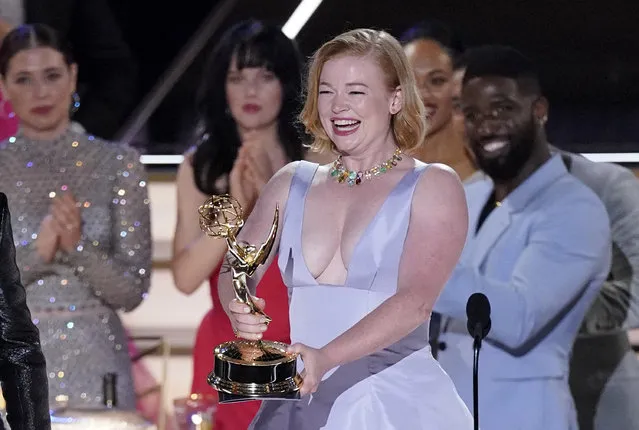 Sarah Snook reacts as “Succession” wins the Emmy for outstanding drama series at the 74th Primetime Emmy Awards on Monday, Septembere 12, 2022, at the Microsoft Theater in Los Angeles. (Photo by Mark Terrill/AP Photo)