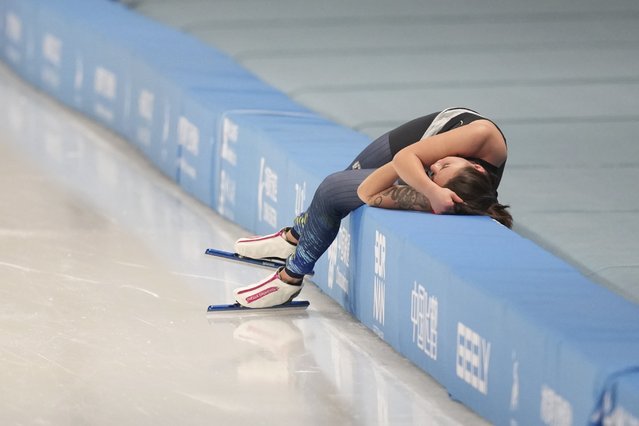 Kazakhstan's Inessa Shumekova reacts after competing during the women's 1000m speed skating final at the 9th Asian Winter Games in Harbin, China on Tuesday, February 11, 2025. (Photo by Aaron Favila/AP Photo)