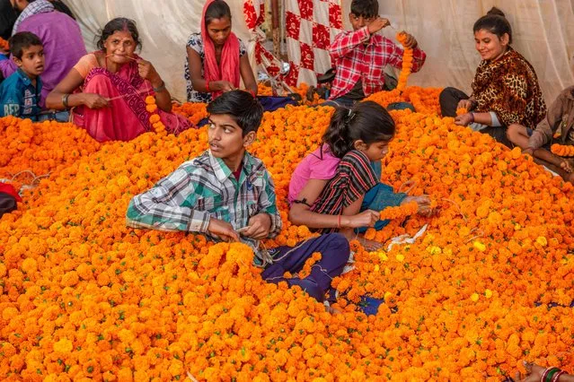 Local family members prepare marigold garlands on the day of Diwali festival at the Ghazipur Wholesale Flower Market on October 24, 2022. People buy flowers for Diwali decoration, flowers are also commonly used as offerings to the gods Lakshmi and Ganesh. (Photo by Pradeep Gaur/SOPA Images/Rex Features/Shutterstock)