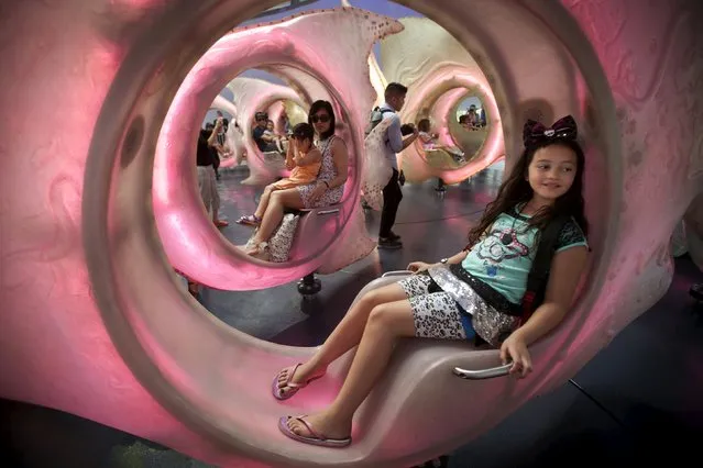 People ride in fish during a media preview of the new “Sea Glass” carousel at Battery Park in the Manhattan borough of New York, August 19, 2015. (Photo by Carlo Allegri/Reuters)