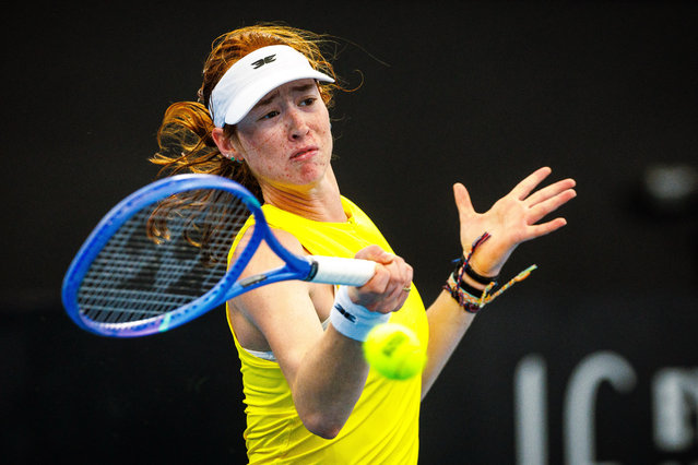 Australia's Maya Joint hits a return during the women's singles match against Kazakhstan's Yulia Putintseva at the Billie Jean King Cup at Patrick Rafter Tennis Centre in Brisbane on April 10, 2025. (Photo by Patrick Hamilton/AFP Photo)