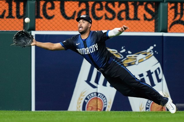 Detroit Tigers left fielder Riley Greene makes a leaping catch on a flyout hit by Los Angeles Angels' Zach Neto during the seventh inning of a baseball game Friday, August 8, 2025, in Detroit. (Photo by Ryan Sun/AP Photo)