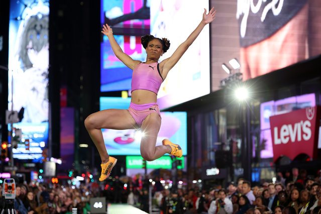 Monae' Nichols of the United States competes in the preliminary round of the long jump competition during ATHLOS NYC25 on October 09, 2025 at Times Square in New York City. (Photo by Emilee Chinn/Athlos/Getty Images)