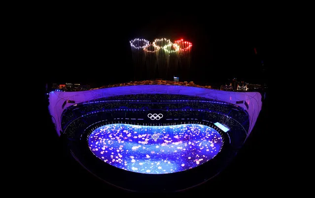 A fireworks display in the shape of Olympic rings are seen during the Beijing 2022 Winter Olympics Closing Ceremony on Day 16 of the Beijing 2022 Winter Olympics at Beijing National Stadium on February 20, 2022 in Beijing, China. (Photo by Richard Heathcote/Getty Images)