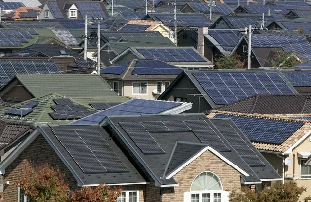 Rooftops of solar powered houses are pictured in Ota, 80 km northwest of Tokyo in this October 28, 2008 file photo. One by one, Japan is turning off the lights at the giant oil-fired power plants that propelled it to the ranks of the world's top industrialised nations. With nuclear power in the doldrums after the Fukushima disaster, it's solar energy that is becoming the alternative. (Photo by Yuriko Nakao/Reuters)
