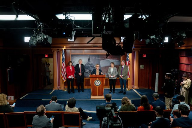 A group of Democrats and one Democratic-aligned independent appear at a news conference in Washington, DC, after they voted with Republicans on an agreement that would end the federal government shutdown on Sunday, November 9, 2025. From left are Nevada Sen. Catherine Cortez Masto, Maine Sen. Angus King, New Hampshire Sen. Maggie Hassan, New Hampshire Sen. Jeanne Shaheen and Virginia Sen. Tim Kaine. Three other Democrats, not pictured, also voted with Republicans. (Photo by Stefani Reynolds/Bloomberg/Getty Images)