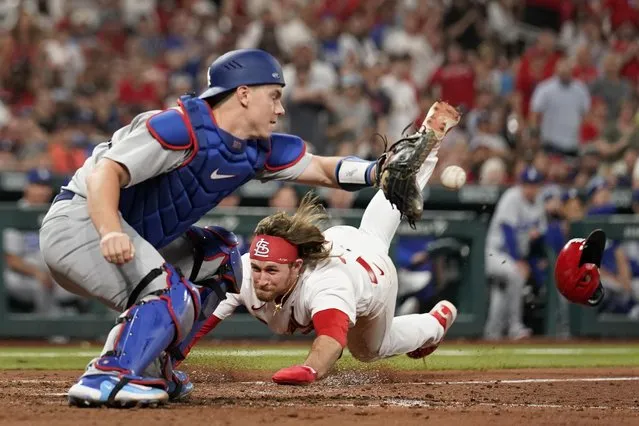 St. Louis Cardinals' Brendan Donovan, right, scores past Los Angeles Dodgers catcher Will Smith during the eighth inning of a baseball game Thursday, May 18, 2023, in St. Louis. (Photo by Jeff Roberson/AP Photo)