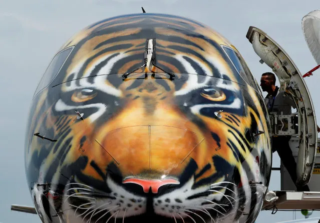 An Embraer E-190 E2 aircraft featuring a spray painted tiger's face on the nose of the aircraft is displayed during a media preview of the Singapore Airshow February 4, 2018. (Photo by Edgar Su/Reuters)