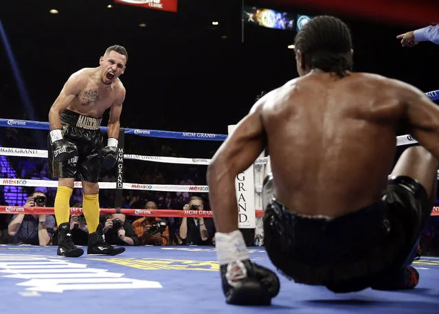 Fidel Maldonado Jr., left, reacts after sending Amir Imam to the mat during their boxing bout Saturday, January 17, 2015, in Las Vegas. Imam won when the fight was stopped in the fifth round. (Photo by Isaac Brekken/AP Photo)