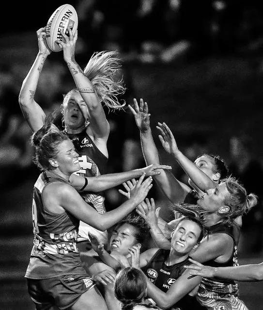 Leaning tower of Tayla. Carlton’s Tayla Harris takes a towering mark against Western Bulldogs during round two of this year’s AFLW season at Whitten Oval. (Photo by Michael Willson/AFL Photos/Women in Sport Photo Action Awards 2021)