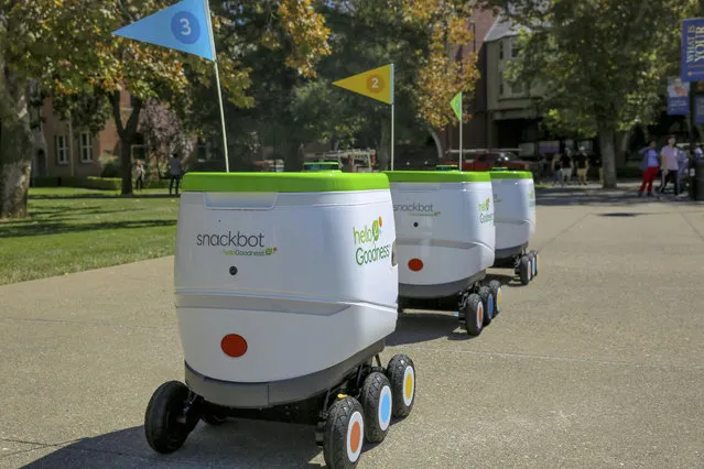 This undated photo provided by PepsiCo shows self-driving robots made by Robby Technologies. PepsiCo says it will start making snack deliveries with the robots on Thursday, Januaru 3, 2019, at the University of the Pacific in Stockton, Calif. Students will be able to order Baked Lay's, SunChips or Bubly sparkling water on an app, and then meet the six-wheeled robot at more than 50 locations on campus. (Photo by PepsiCo via AP Photo)