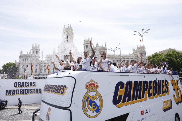 Real Madrid's Spanish forward #14 Joselu and teammates parade onboard a bus as they celebrate their 36th LaLiga trophy at the Cibeles square in Madrid on May 12, 2024. Real Madrid's fans line the streets of Madrid as 'Los blancos' celebrate their 36th Liga trophy before facing Borussia Dortmund at Wembley in the Champions League final on June 1. (Photo by Óscar del Pozo/AFP Photo)