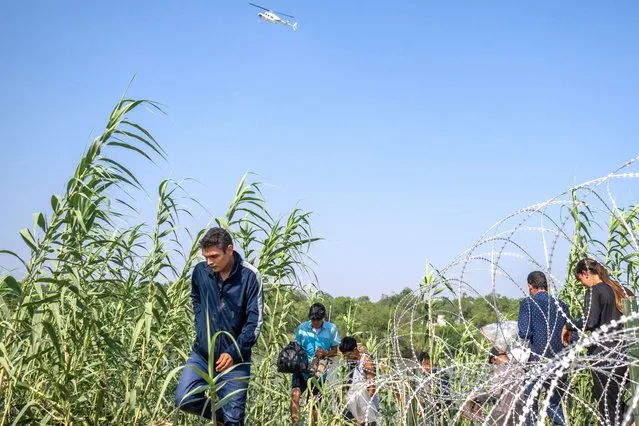 Migrants from El Salvador walk through brush alongside the banks of the Rio Grande after crossing into the U.S. on May 21, 2022 in Eagle Pass, Texas. Title 42, the controversial pandemic-era border policy enacted by former President Trump, which cites COVID-19 as the reason to rapidly expel asylum seekers at the U.S. border, was set to officially expire on May 23rd. A federal judge in Louisiana delivered a ruling today blocking the Biden administration from lifting Title 42. (Photo by Brandon Bell/Getty Images)