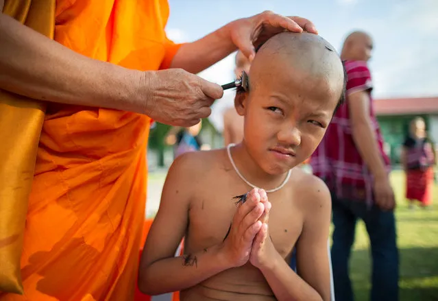 A young hill tribe boy reacts as his hair is shaved off by a Buddhist monk during a head shaving rite as part of mass Buddhist monk ordination ceremony for hill tribe at Wat Benchamabophit, also known as the Marble Temple in Bangkok, Thailand, 23 June 2017 (issued 25 June 2017). The annual ceremony this year has 349 hill tribe men and young boys being ordained as monks and novices at the temple to mark the beginning of the three-month Buddhist Lent or Khao Pansa which this year begins on 09 July and also to honor the late Thai King Bhumibol Adulyadej. In Thailand every Buddhist man is expected to become a monk during some period of his life. (Photo by Rungroj Yongrit/EPA)