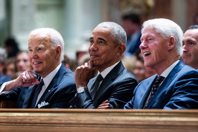 US President Joe Biden, former US President Barack Obama and former US President Bill Clinton attend a memorial service for Ethel Kennedy on October 16, 2024, at the Cathedral of St. Matthew the Apostle in Washington, DC. Kennedy, a tireless advocate for human rights and widow of assassinated US politician Robert F. Kennedy, died on October 10, 2024 at the age of 96, her family said. (Photo by Jim LoScalzo/The Mega Agency)