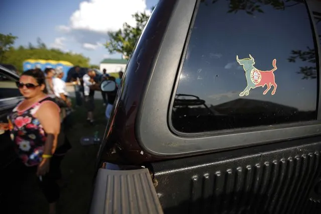 A decal of a fighting bull in the colours of the Portuguese flag is seen on a truck during the intermission at an Azorean “tourada a corda” (bullfight by rope) in Brampton, Ontario August 15, 2015. (Photo by Chris Helgren/Reuters)