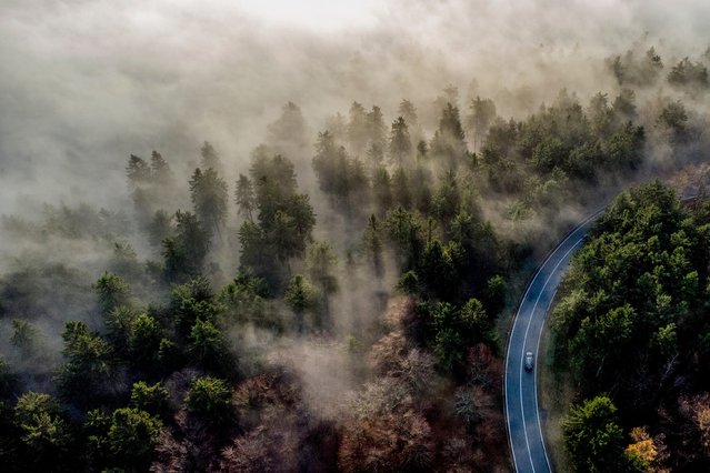 A car drives up to the top of the Feldberg mountain near Frankfurt, Germany, on a foggy Saturday, November 9, 2024. (Photo by Michael Probst/AP Photo)