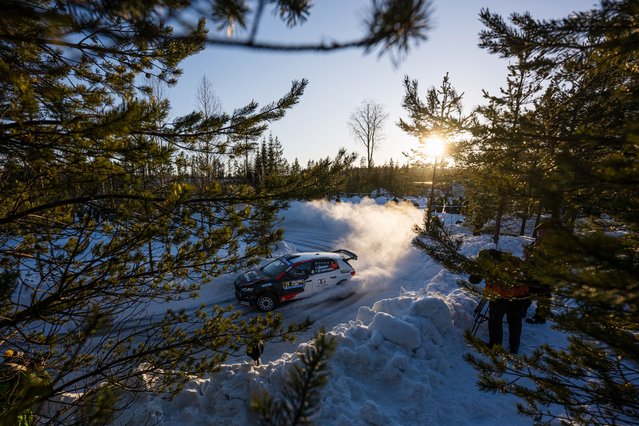 Isak Reiersen of Sweden and his co-driver Stefan Gustavsson of Sweden compete in their Skoda Fabia RS during the Vannas, 12th stage of Rally Sweden, second round of the FIA World Rally Championship on February 15, 2025 near Umea, Sweden. (Photo by Jonathan Nackstrand/AFP Photo)