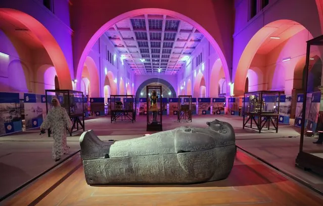 The Black Granite sarcophagus of King Psusennes I on display at the Museum of Egyptian Antiquities at Tahrir Square in Cairo, Egypt, 27 September 2022. Egypt has opened its museums and archaeological sites for free visits on the occasion of World Tourism Day and the 200th anniversary of Egyptology. The United Nation World Tourism Organization (UNWTO) celebrates World Tourism Day since 1980 with this year's theme being 'Rethinking Tourism' aimed at putting people at the center of key discussions on where Tourism was going. (Photo by Khaled Elfiqi/EPA/EFE)