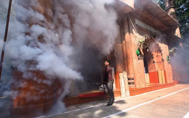 An Indian Municipal Corporation sanitation worker fumigates an area in Old Delhi as part of an anti-dengue fumigation drive to curb breeding sites for mosquitoes causing a dengue outbreak in New Delhi, India, 01 October 2015. According to the Indian civic officials the total number of cases of dengue fever reported has reached 25,000 all over India. (Photo by Rajat Gupta/EPA)